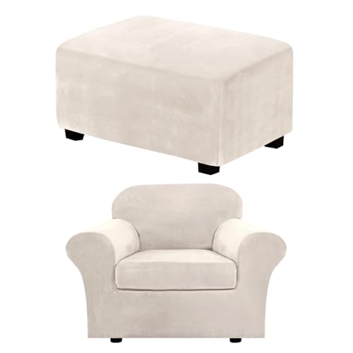 H.VERSAILTEX 2 Piece Stretch Chair Cover Bundle Rectangle Ottoman Slipcover, Ivory