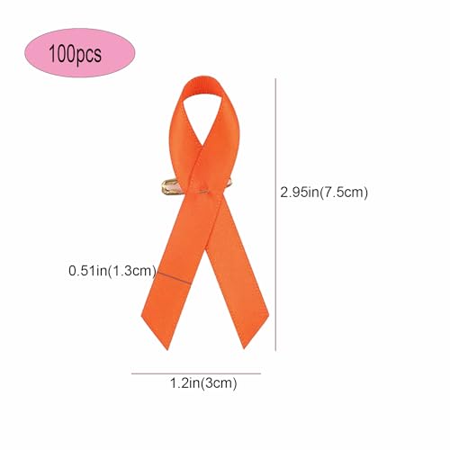 Image of Orange Ribbon Satin Pins Awareness Pins, 100 Pcs Leukemia Awareness Kidney Cancer Satin Badges Multiple Sclerosis Gun Violence Awareness Brooches with Safety Pin for Charity Event