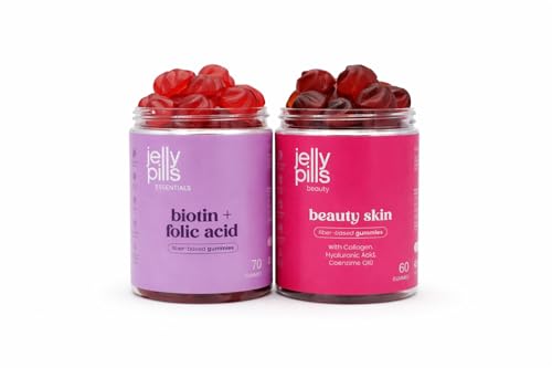 Jelly Pills Pack Belleza Piel, Cabello y Uñas – Colágeno Hidrolizado + Ácido Hialurónico y Biotina 10.000 mcg – 60 + 60 Gummies Veganas – Sin Azúcares Añadidos – Sabor Fresa y Frambuesa
