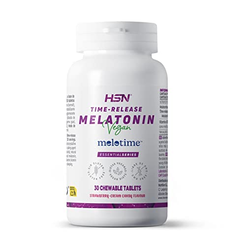HSN Melatonina 1,9mg de Liberación Prolongada (8 horas) | 30 Tabletas Masticables Sabor Caramelo de Fresa-Nata | La Melatonina contribuye a Aliviar Jet Lag | No-GMO, Vegano, Sin Gluten