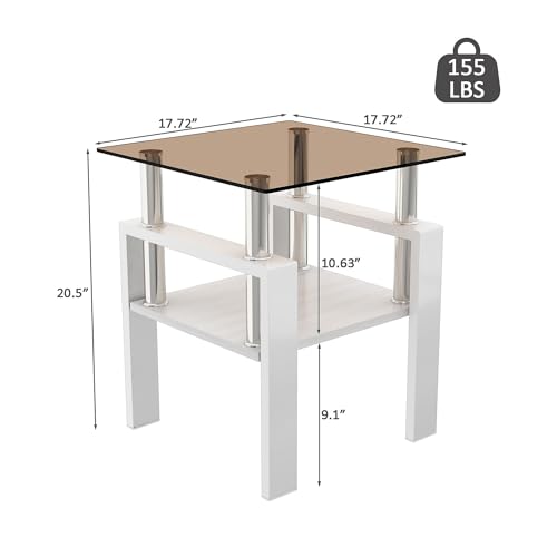 Image of Meihua Glass End Table, Square Glass Side Table, 2-Tier Modern Nightstand with Metal Legs for Living Room&Bedroom (Brown+White, Set of 2)