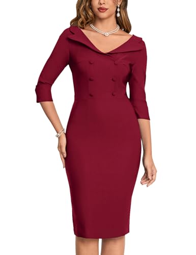 Muxxn MX-8118-BURGUNDY-M Womens Sheer Button Up Sheath Slim Wear To Work Pencil Midi Office Dress thumb #2