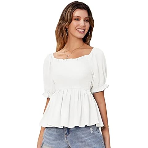 CURLBIUTY Tops Short Sleeve Tops Women Peplum Square Neck Smocked A-Line M White 93S22-2 Cover