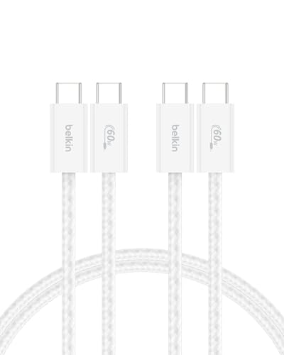 Belkin 2er-Pack geflochtenes USB-C auf USB-C Ladekabel, 1,5 m, 60W, biegsames, flexibles Schnellladekabel, USB-C kabel für iPhone 17 und 16, Galaxy S25, Pixel 10, iPad Pro usw. – Weiß