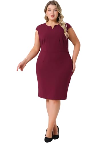 Image of Agnes Orinda Plus Size Sheath Dresses for Women Notched V Neck Sleeveless Business Pencil Work Dress