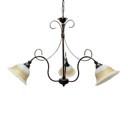 Lampadario classico in ferro battuto a 3 luci Collezione Regina, soggiorno, sala da pranzo, ingresso, corridoio, camera da letto, bagno, vetro oro e ambra