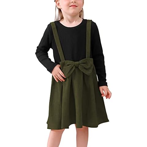 GORLYA Toddler Girls Long Sleeve Cute Bow Sweater Patchwork Corduroy Suspender Dress for 2-8T, Green, 3 Years Cover