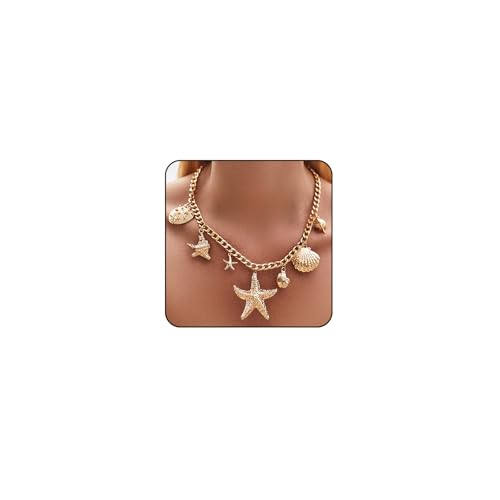 Seashell Necklaces for Women Big Starfish Shell Charm Chunky Gold Necklace Beach Jewelry for Women Summer Accessories