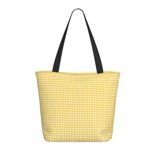 Bolso de mano amarillo vichy para mujer - Bolso de mano ligero y reutilizable de lona con cremallera, bolso de mano de algodón con correa para bolsas de comestibles, bolsas de compras
