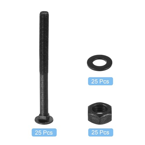 Image of uxcell M10 x 125mm Carriage Bolt Kit, 25 Set Round Head Square Neck Screws, Carriage Bolts Screws Set Includes Washers and Nuts - Carbon Steel Black Oxide for Fastening Accessories