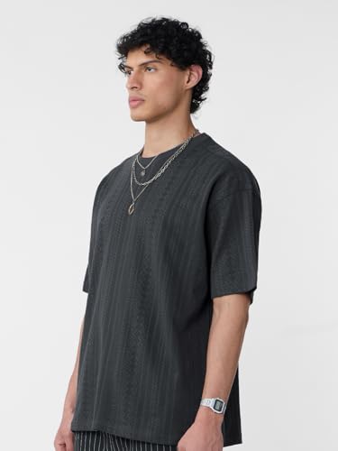 Image of The Souled Store Textured T-Shirt: Midnight Men and Boys Short Sleeves Round Neck Grey Cotton Oversized T-Shirts