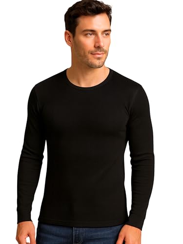 Liabel - Camiseta interior para hombre de algodón cálido de manga larga (lote de 2) suave camiseta interior de invierno efecto térmico natural blanco o negro, Negro Gargantilla - 2pcs, XL