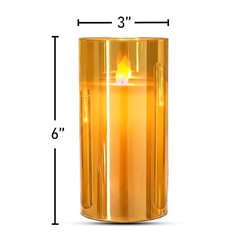 Image of Flameless LED Pillar Candle with Glass Cup | Real Wax | Amber Glass Finish | Flickering Wick Effect | Remote with Battery Operated | D-3 inch x H-6 inch | Decorative Candle for Home Decor, Festive & Gifting