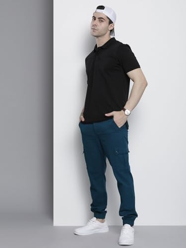 Image of THE INDIAN GARAGE CO Men Slim Fit Solid Mid-Rise Stretchable Cuffed Cargos