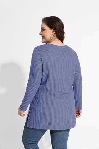 Image of RITERA Plus Size Women Sweaters Waffle Knit Pullover Top Long Sleeve Casual Crewneck Shirt Loose Split Hem Fall Winter Blouse