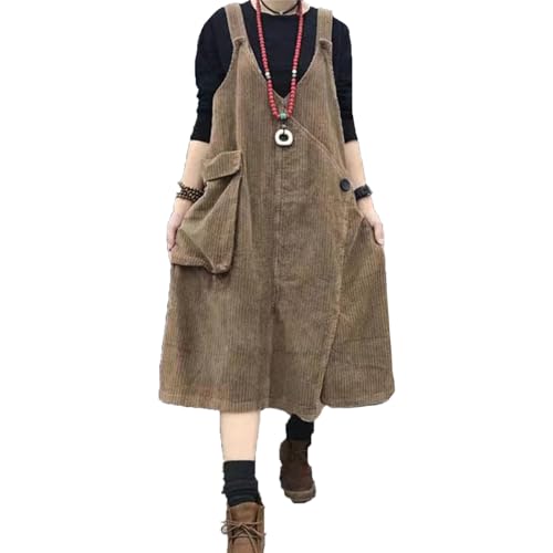 Suncolour Lockeres Cord Latzkleid mit V Ausschnitt für Damen ärmellos Latzkleid mit Hosenträgern große Taschen für Damen