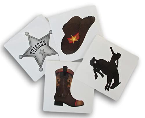 Party Supply Western Cowboy Party Favors - Temporary Tattoos - Hat, Boot, Sheriff Badge, Bucking Bronco - 24 Cute Square Tattoos #TOP5