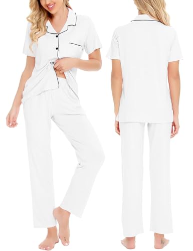 Image of SWOMOG Women Pajama Sets Two-Piece Nightwear Short Sleeve Sleepwear Button Down Pj Lounge Sets with Long Pants