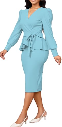 Image of Dresses for Women Elegant Long Sleeves Ruffles Pencil Knee Length Split Business Dress with Belt Zipper