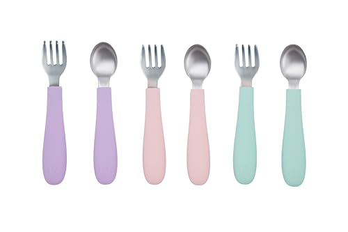 Image of WeeSprout Toddler Utensils, 3 Forks & 3 Spoons, 18/8 Stainless Steel & Food Grade Silicone, Thick Easy-Grip Handles, Perfect Length For New Self Feeders, Gentle On Gums & Teeth, Dishwasher Safe