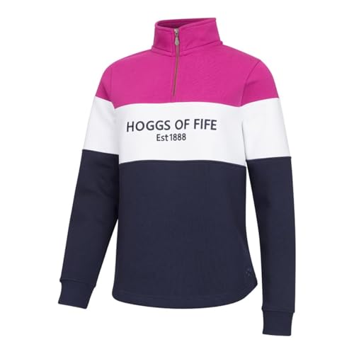 Image of Hoggs of Fife Dumfries 1888 Ladies 1/4 Zip Sweatshirt - Berry/White/Navy 60% cotton, 40% polyester, Quarter length with branded zipper puller