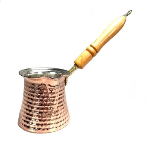 Paykoc Imports Turkish Coffee Pot Cezve Copper with Nickle Lining and Wood Handle 1 1/4 Cup