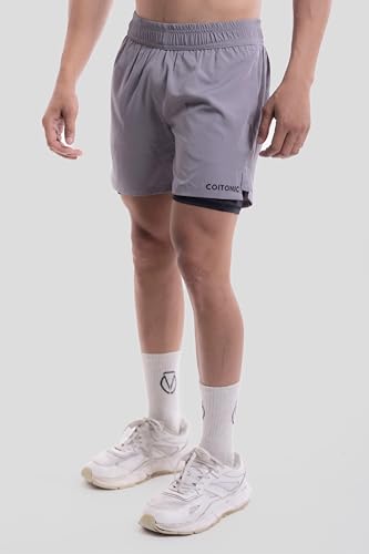 Image of COITONIC 2 in 1 Active Dual Black Shorts with Inner Tights Layer | Men's Double Layer Short for Running, Gym & Sports