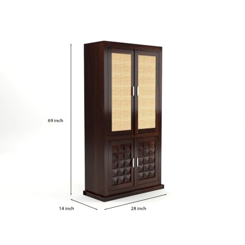 Image of Solid Sheesham Wood Almirah with Cane Doors & Geometric Carved Panels | 4 Door Wooden Wardrobe for Bedroom