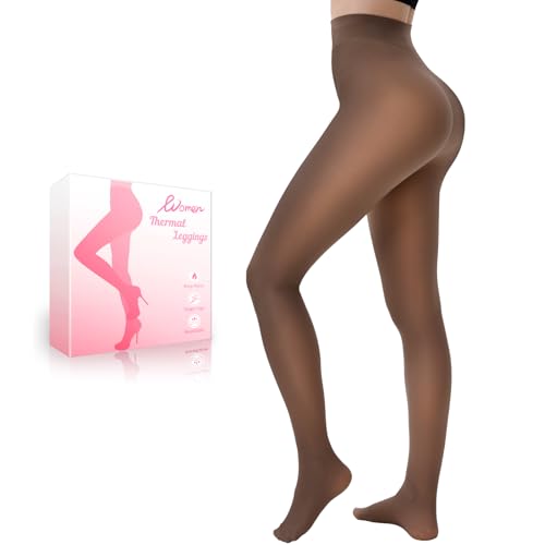 HONGTEYA Fleece Lined Tights Women Winter Thermal Leggings Pantyhose Fake Translucent Thick Warm Sheer Tights (US, Alpha, Large, Regular, Regular, Brown)