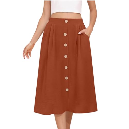 HGps8w Women's 2025 Summer Pleated Midi Skirt, Trendy Casual Button Front Swing A-Line High Waisted Skirts with Pockets
