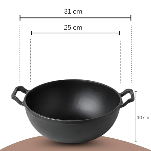 Image of Omichef Pre-Seasoned Cast Iron Kadai with Curved Handle | 25cm / 9.8 Inch, 3.2L (3.3kg) | Induction Friendly | Naturally Non-Stick, Pure & Toxin-Free | Heavy Cast Iron Kadhai No Chemical Coating