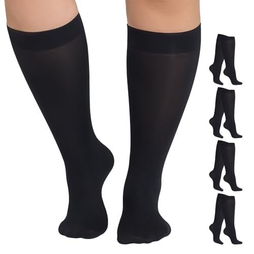 MANZI Plus Size Knee High Socks for Women Nylon Trouser Socks Women 40 Denier Semi Opaque Knee High Stockings(Black,3XL-4XL)