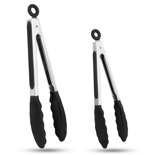 2 Pezzi Pinze da Cucina,Pinza Acciaio Inoxe Silicone,Pinze da Cucina Professionali per Barbecue,Pasta,Bistecca,Cottura al Forno(7 e 9 Pollici,Nero)