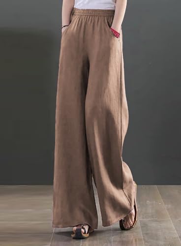 Image of KOTTY Women's Crumble Fabric High Waist Solid Color Drawstring Wide Leg Trousers Loose with Pockets