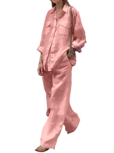 Women's Wide Leg Long Sleeve Cotton Linen 2 Piece Outfits Casual Loose Button Down Blouse and Long Pants Suits