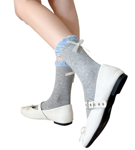 Image of Women's Bow Crew Socks - Cotton Sweet Lolita Dress Breathable Soft Girls' Socks - 3 Pairs