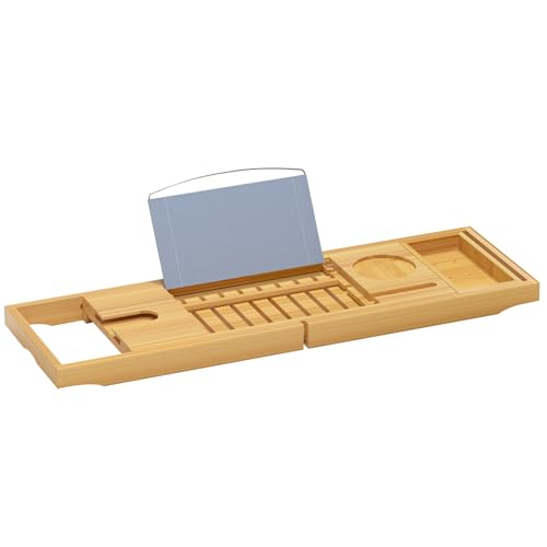 Sen Yi Bao Luxury Bamboo Bathtub Tray - Wooden Expandable Caddy with Book, Tablet, Wine Holder - Gift Idea