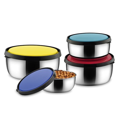Image of CLASSIC ESSENTIALS kiwi Stainless Steel Food Storage Container with Multi Color Lid, Serve & Store | Spill Free | Food Grade | Multipurpose Use | Air Tight | Leak Proof, Multicolor, Set of 4