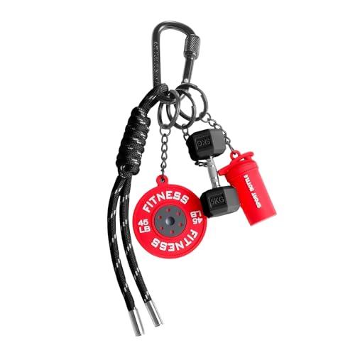 Tastetreasure Porta-chaves de fitness para homem e mulher, pendente para bolsa de ginásio com minihalteres, disco de pesos e garrafa desportiva, porta-chaves de corda resistente, presente ideal para
