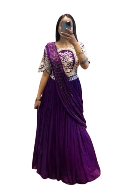 Ready To Wear Indo-Western Lehenga Saree For Womens And Girls Chinon Silk Fabric With Multi Thread Embroidery Cording Sequance Work Fully Stitched Blue-image-1