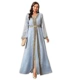 Embroidery Abayas for Women Muslim Moroccan Floral Maxi Kaftan Dress Arabic Islamic Dubai Robe Ramadan Prayer Clothes(Light Blue, M)