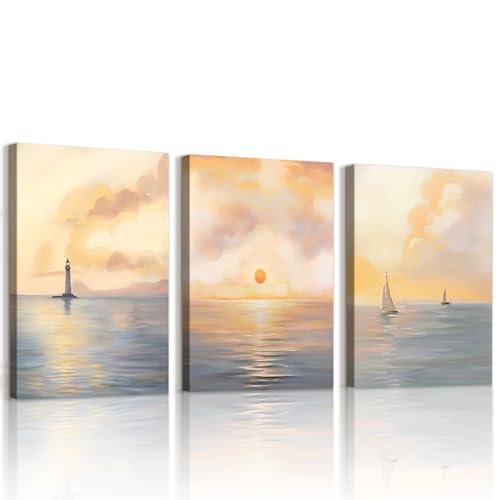 WENGTIAO 3 Pièces Océan Lever du Soleil Tableau Decoration Murale Encadré Toile Peinture Phare Voilier sur mer Paysage Maritimes Decoration Murale Salon Maison Deco...