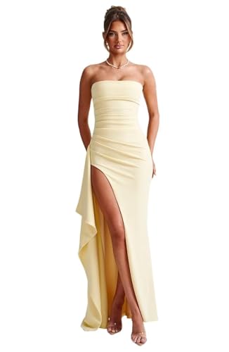 vintys Women's Strapless Chiffon Long Prom Dresses with Slit Ruched Corset Mermaid Formal Party...