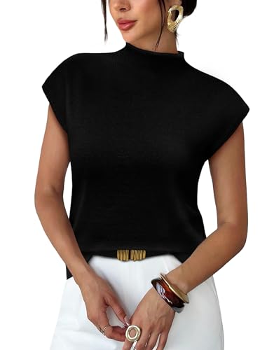 Mock Neck Tops for Women Spring Summer Sweaters Turtleneck Tops Business Casual Outfits Trendy Office Clothes Short Sleeve Shirts Dressy Work Blouses Teacher Black T Shirts 2026 M