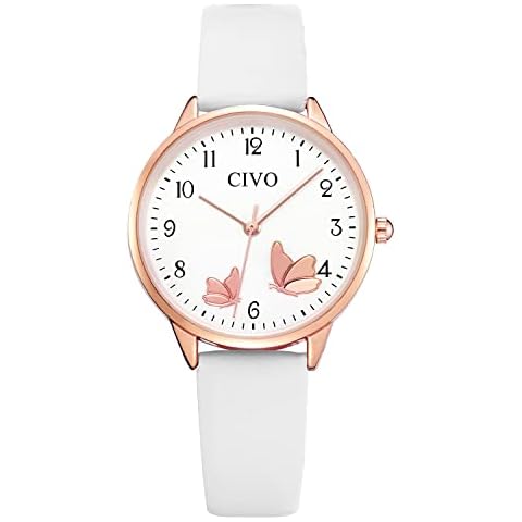 Reloj CIVO Mujer Blanco Cuero Analógico Impermeable Cover