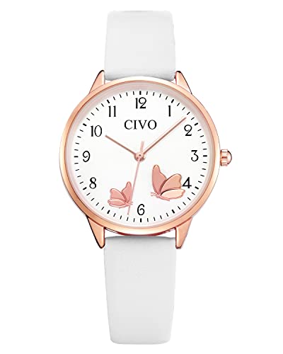 CIVO Montre Femme Bracelet Cuir-Blanc - Élégant Montre Design Femme Étanche à Quartz Analogique Mode Montres Dames, Cadeau pour Femme