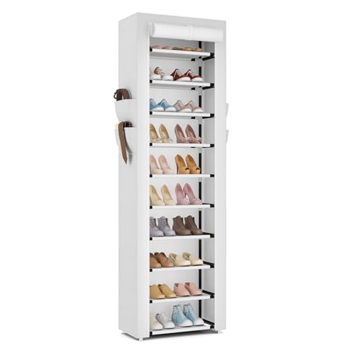 Image of ROJASOP Shoe Rack with Covers 10 Tier Large Shoe Organizer Tall Shoe Closet Storage for 20-22 Pairs Shoe and Boot, Free Standing Shoe Rack Organizer for Closet, Entryway, Bedroom, White