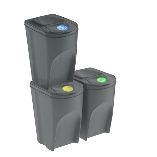B2C Sorting Bins Recycling Segregation Waste Stackable Set Lidded with Stickers Dustbins 25L 20L 35L Grey (3x35L)