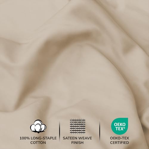Image of Feather & Stitch 500 TC Split King Size Sheet Set, 5 Piece Bed Sheets Set-2 Twin Fitted Sheet, 1 King Flat Sheet & 2 King Pillowcases, 18 inch Deep Pockets Sateen Weave Solid Bedsheet - Champagne Beige