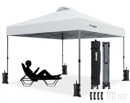 Amada 10x10 Pop Up Canopy Tent, 1-Button Push Easy-up Outdoor Canopy Beach Tent with 3-Height...